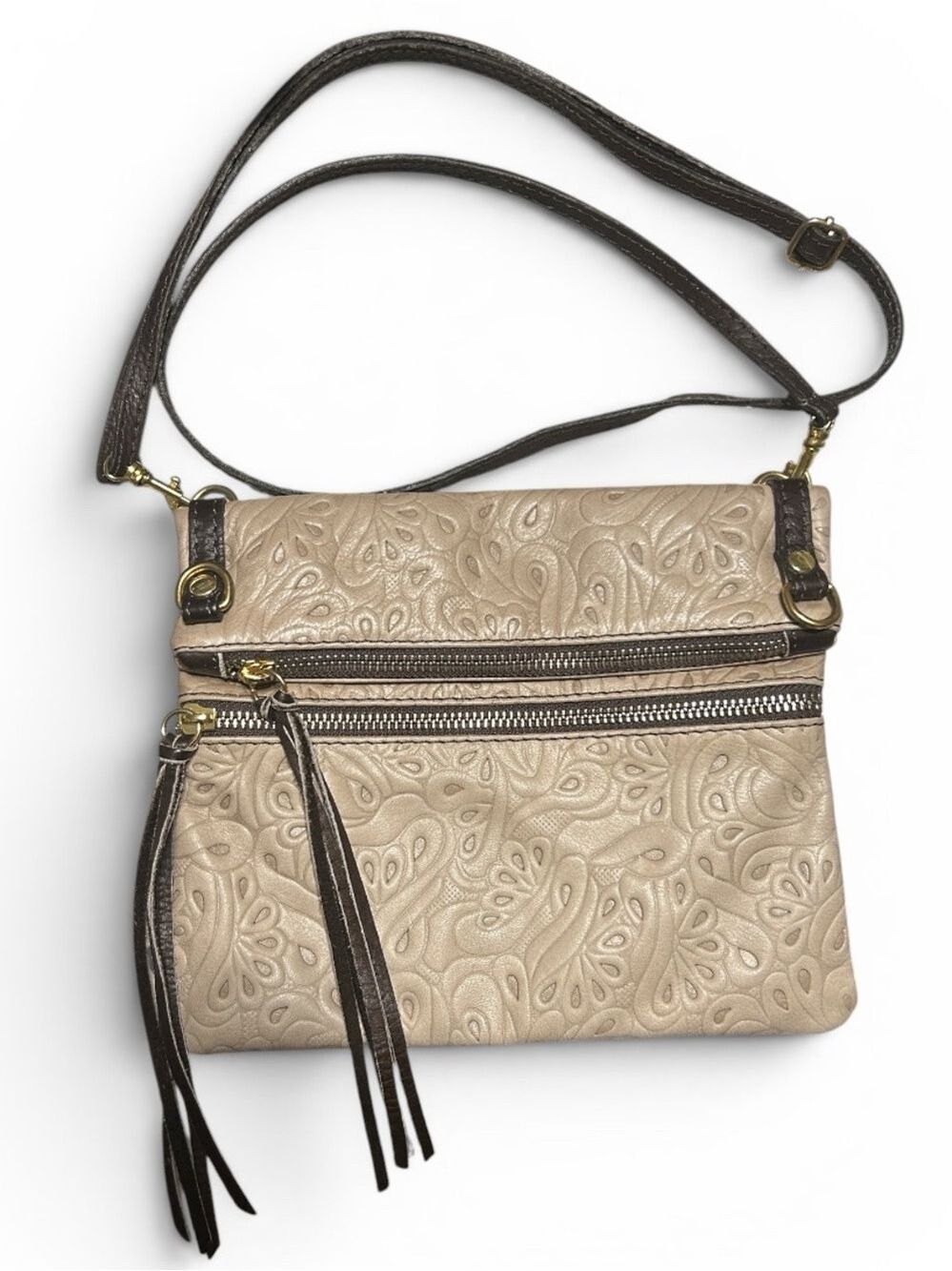 Italian Leather Western Foldover Style Tooled Crossbody Bag with Tassel Accents